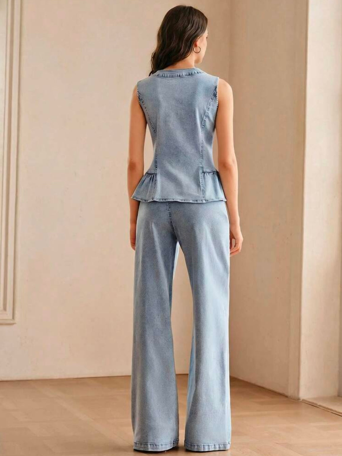 CM-SS572201 Women Elegant Seoul Style Round Neck Sleeveless Beaded Denim Camisole With Long Pants -Set