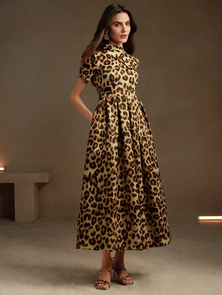 CM-DS457520 Women Elegant Seoul Style Leopard Print Stand Collar Short Sleeve Midi Dress - Coffee