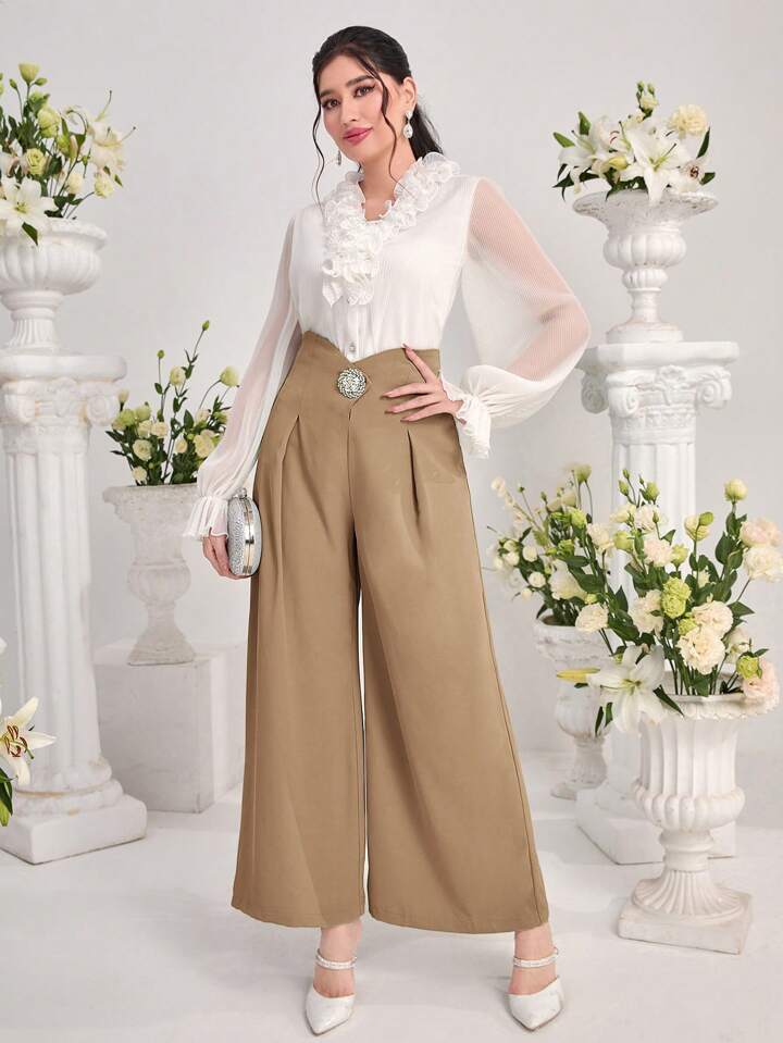 CM-BS192033 Women Elegant Seoul Style Solid Color Pleated Wide-Leg Pants - Khaki