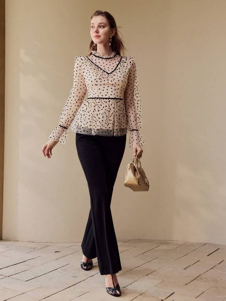 CM-TS622020 Women Elegant Seoul Style Stand Collar Flare Sleeve Contrast Mesh Ruffle Trim Blouse - Apricot
