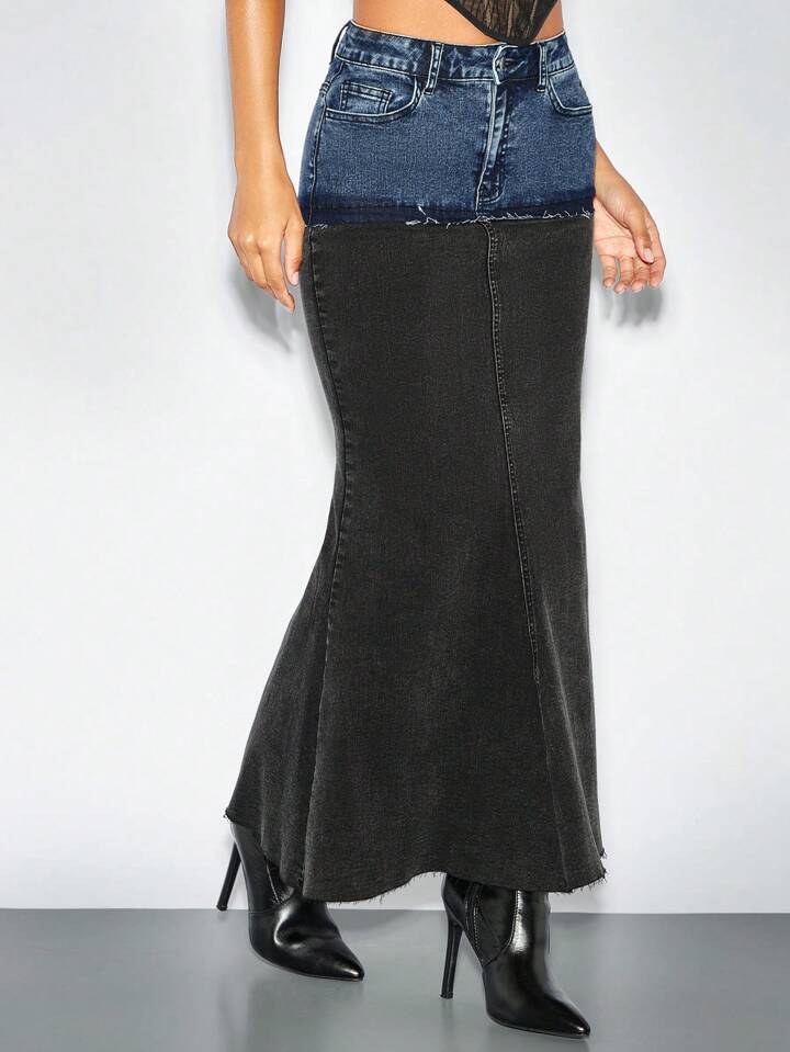 CM-BS828370 Women Casual Seoul Style Bullet-Stitched Contrasting Tight Denim Skirt - Black