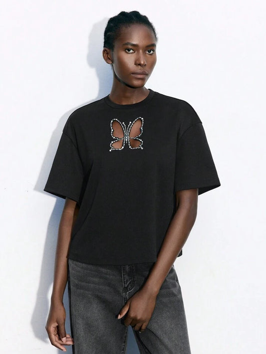 CM-TS355535 Women Casual Seoul Style Heart Hollow Out Drop Shoulder Loose T-Shirt - Black