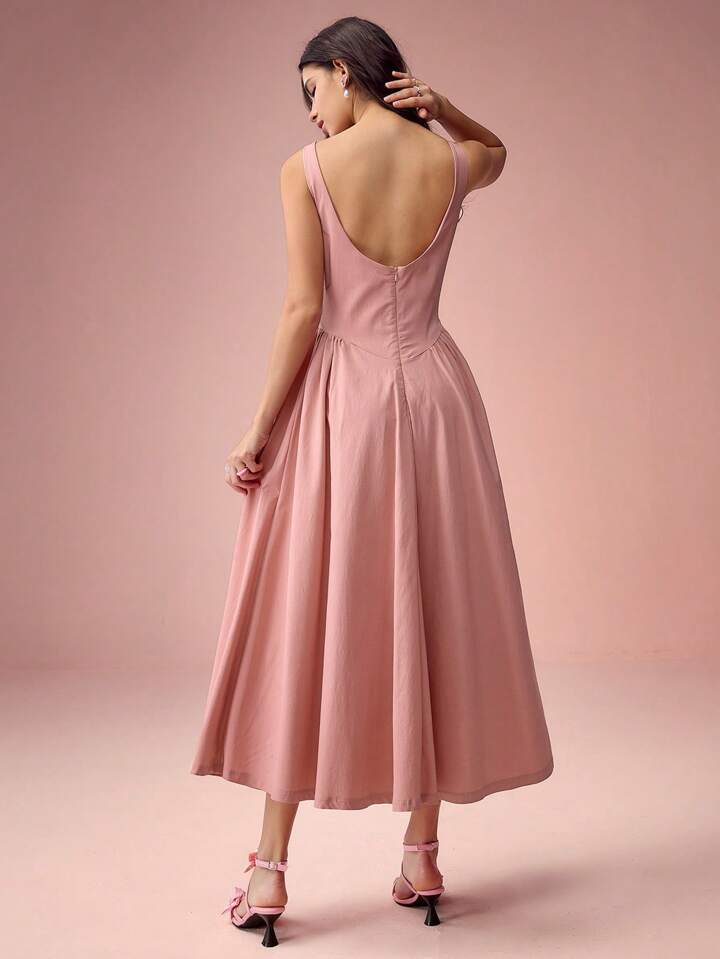 CM-DS145173 Women Elegant Seoul Style Solid Color Round Neck Pleated Long Sleeveless Dress - Pink