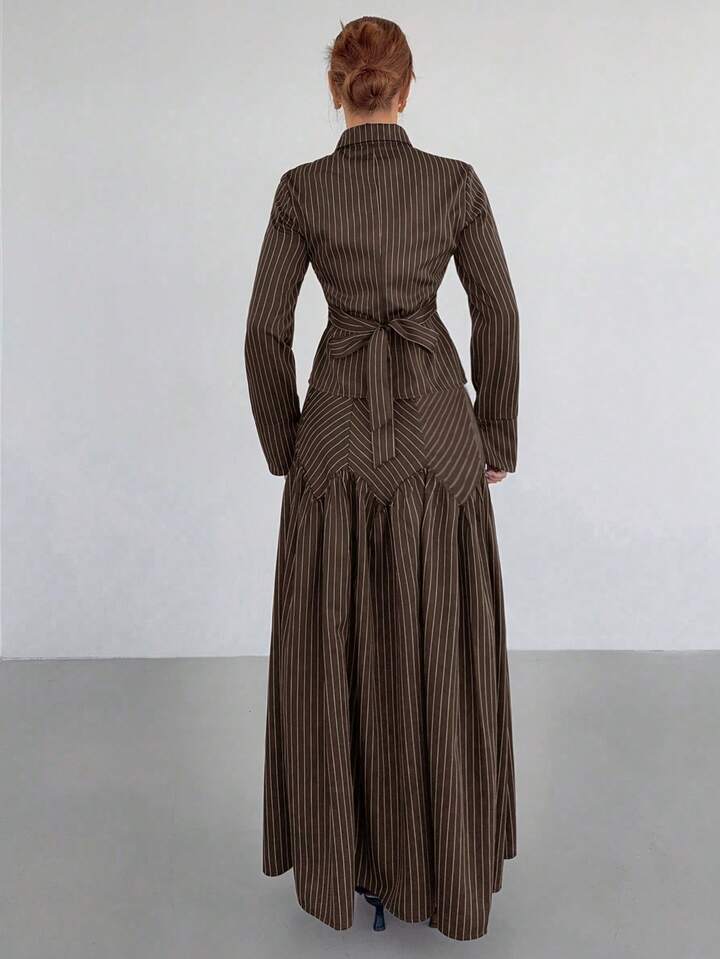 CM-SS628871 Women Elegant Seoul Style Striped Collar Neckline Long Sleeve Shirt With Pleated Maxi Skirt - Set
