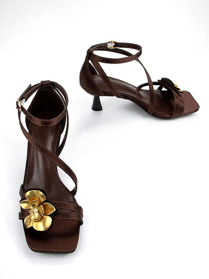 CM-SHS730345 Women Trendy Seoul Style Metal Floral Decor Ankle Strap Square Toe Kitten Heel Sandals - Chocolate Brown