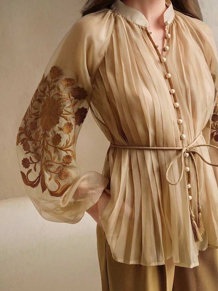 CM-TS116612 Women Elegant Seoul Style Stand Collar Long Sleeve Pleated Embroidered Tie Waist Blouse - Khaki