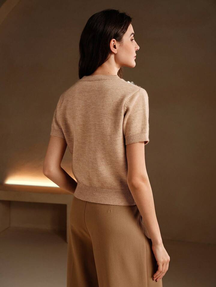 CM-TS091194 Women Casual Seoul Style Round Neck Short Sleeve Embroidered Rhinestone Embellished Knit Top - Khaki