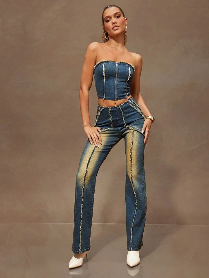 CM-BS868058 Women Casual Seoul Style Medium Wash Patchwork Fringed Zipper Design Straight-Leg Jeans