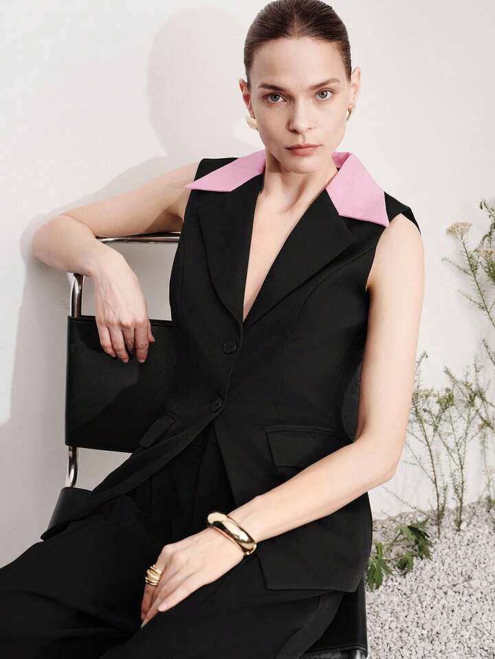 CM-CS074508 Women Elegant Seoul Style Lapel Neckline Sleeveless Contrast Waist Sleeveless Blazer Vest - Black