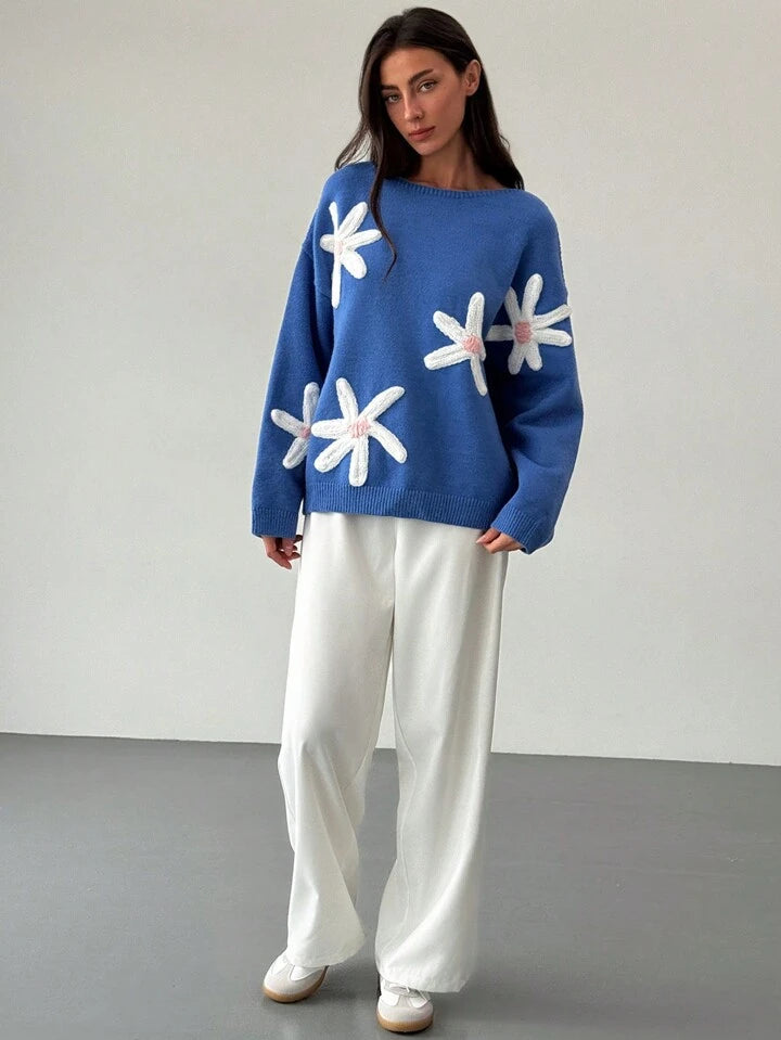 CM-CS548363 Women Casual Seoul Style 3D Floral Decoration Loose Fit Long Sleeve Sweater - Blue
