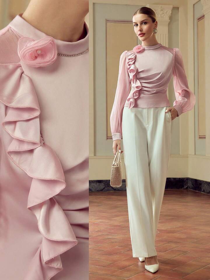 CM-TS936916 Women Elegant Seoul Style Solid Color Stand Collar 3D Floral Ruffle Trim Long Sleeve Blouse - Pink