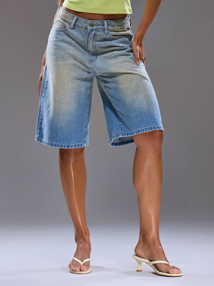 CM-BS182309 Women Casual Seoul Style Washed Oversized Longline Low Waist Jorts - Blue