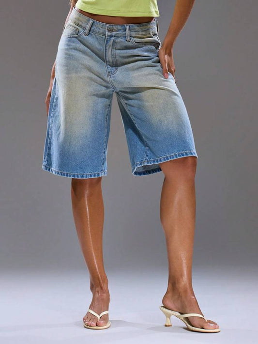 CM-BS182309 Women Casual Seoul Style Washed Oversized Longline Low Waist Jorts - Blue