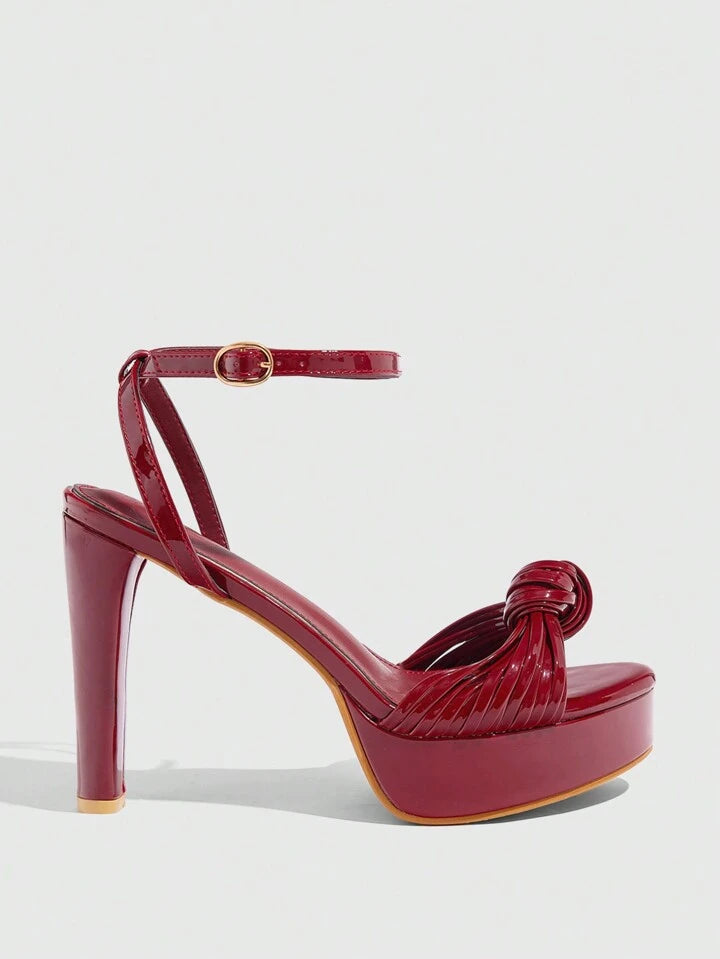 CM-SHS717609 Women Trendy Seoul Style Round Toe Chunky Knotted Detail High Heel Sandals - Burgundy