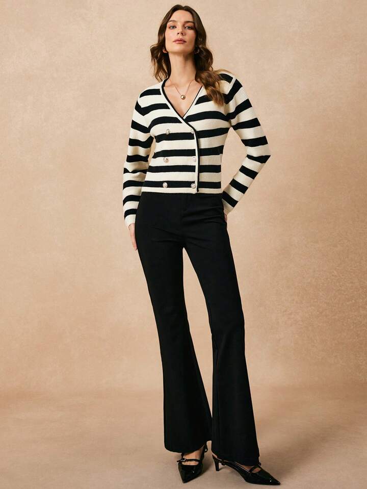 CM-CS770867 Women Casual Seoul Style Striped Front Double Metal Buttons Long Sleeve Knit Cardigan