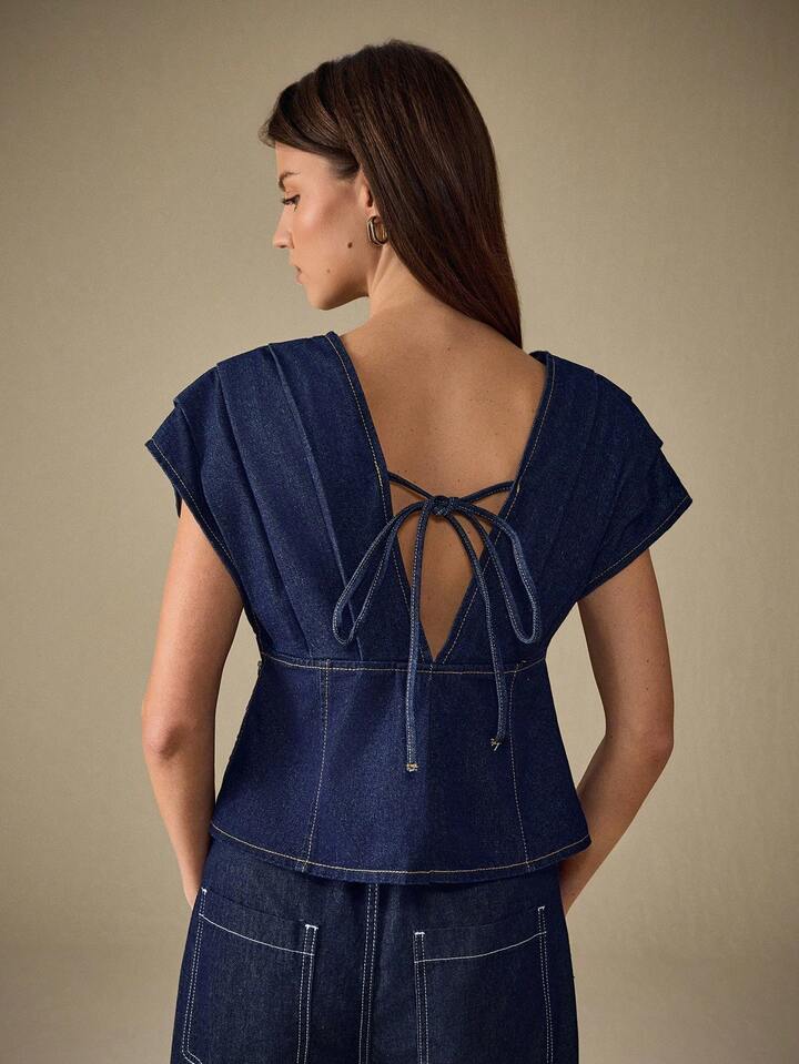 CM-TS983839 Women Casual Seoul Style Dark Wash Deep V-Neck Kimono Sleeve Denim Blouse