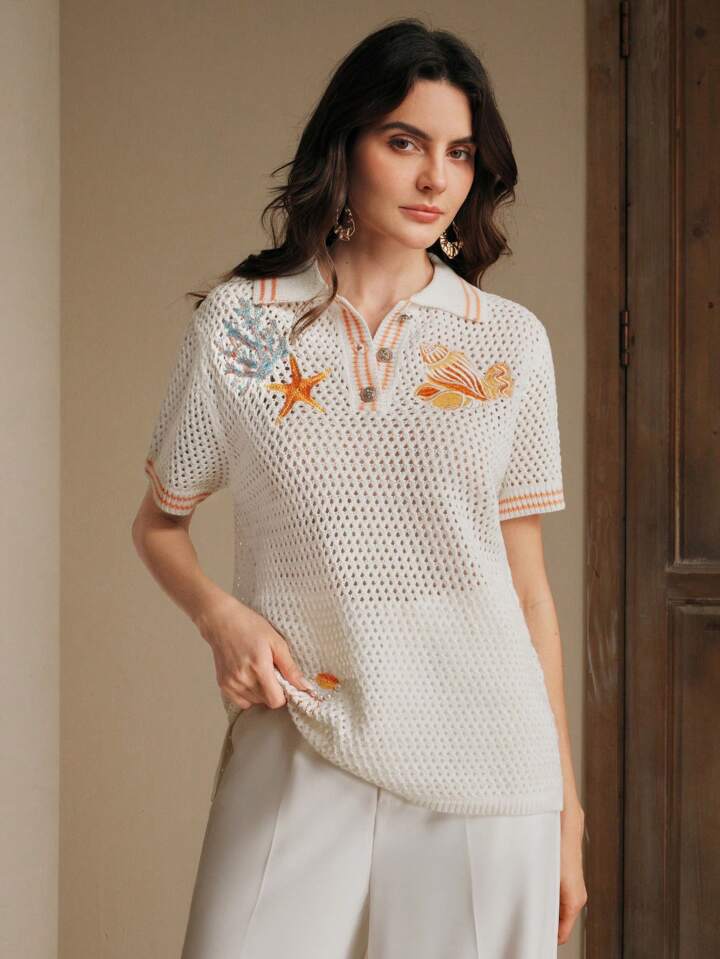 CM-TS135189 Women Casual Seoul Style Starfish Embroidery Seashell Polo Neckline Short Sleeve Knit Top