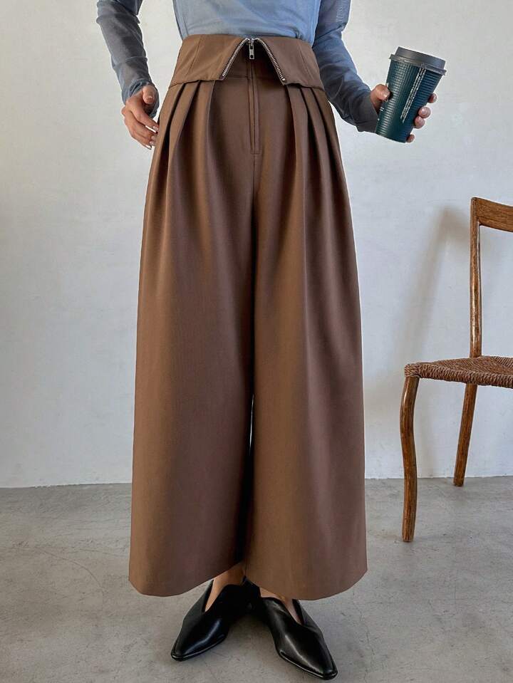 CM-BS214150 Women Casual Seoul Style Loose Wide Leg Pants With Pockets - Brown