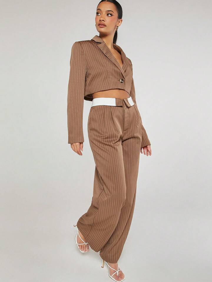 CM-SS360700 Women Elegant Seoul Style Pinstripe Long Sleeve Jacket With Foldover Pants Suit