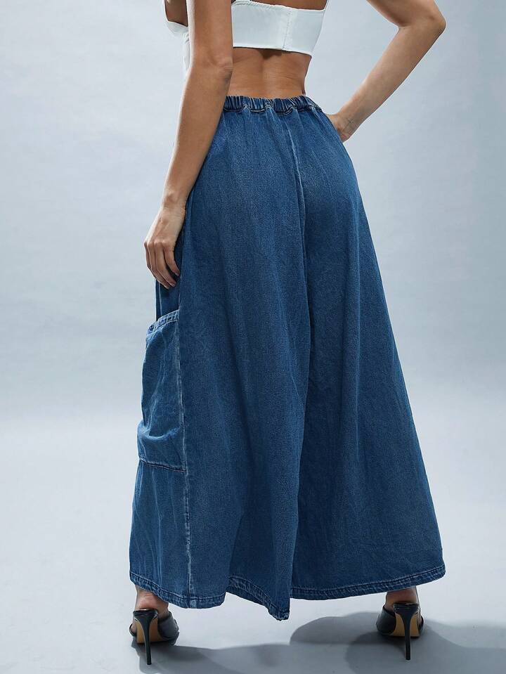 CM-BS112775 Women Casual Seoul Style Dark Wash Oversized Pockets Ultra Wide Leg Jeans