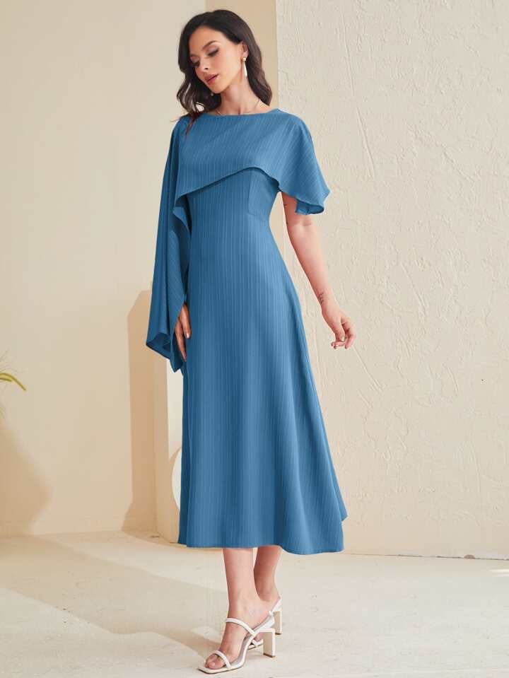 CM-DS558705 Women Casual Seoul Style Solid Asymmetrical Foldover Dress - Blue