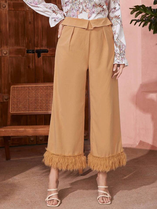 CM-BS199699 Women Elegant Seoul Style High-Waist Folded Waistband Frayed Hem Wide Leg Pants