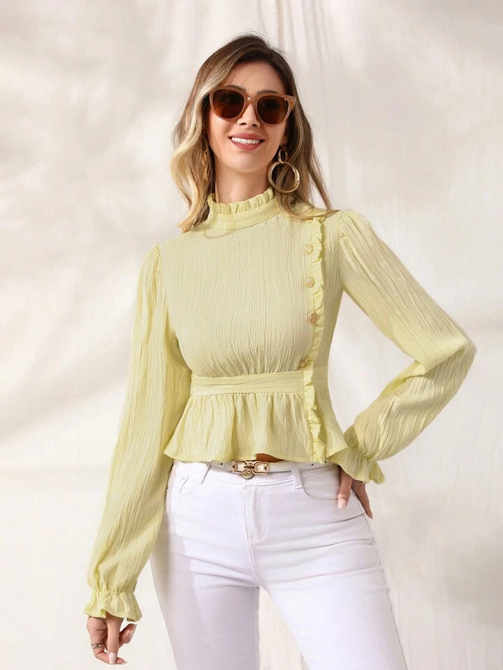 CM-TS532391 Women Elegant Seoul Style Stand Collar Ruffle Hem Long Sleeve Shirt - Yellow