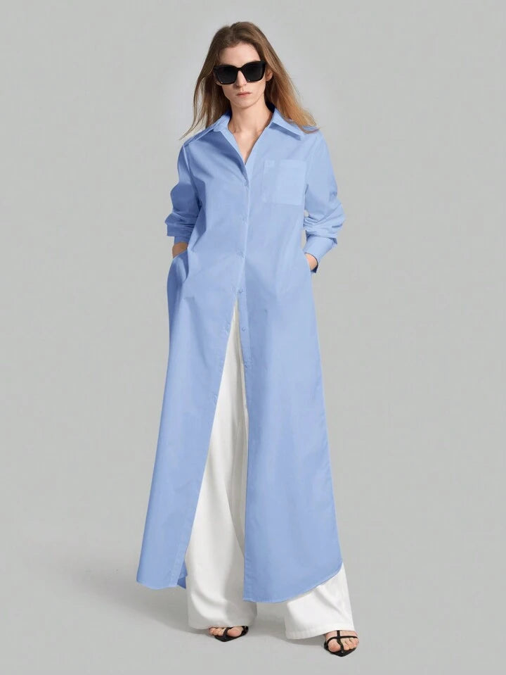 CM-TS815753 Women Casual Seoul Style Shirt Collar Long Sleeve Front Button High Slit Long Shirt - Blue