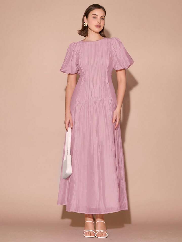 CM-DS126771 Women Elegant Seoul Style Round Neck Bubble Pleat Puff Long Sleeve Maxi Dress - Dusty Pink