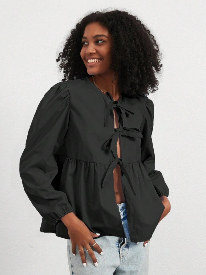 CM-TS989178 Women Casual Seoul Style Solid Color Puff Sleeve Tie-Front Shirt - Black
