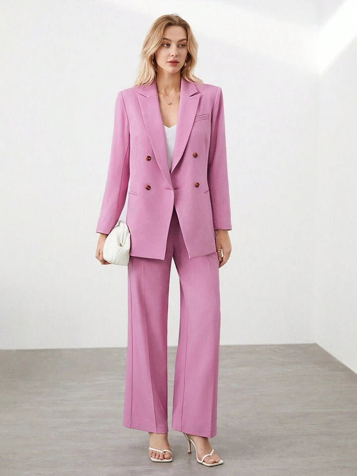 CM-SS642324 Women Elegant Seoul Style Double Breasted Lapel Jacket With Wide Leg Pants Suit - Pink