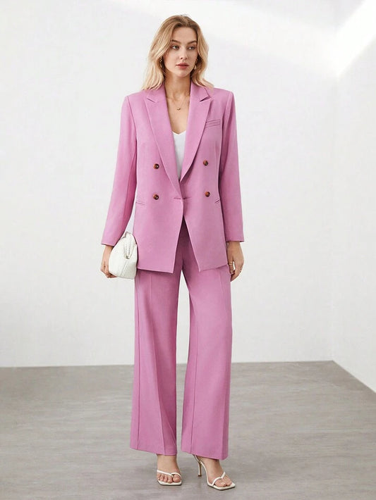 CM-SS642324 Women Elegant Seoul Style Double Breasted Lapel Jacket With Wide Leg Pants Suit - Pink