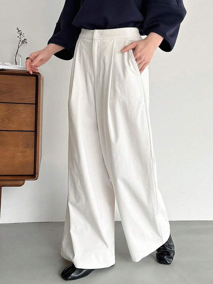 CM-BS436189 Women Casual Seoul Style Solid Color High Waist Straight-Leg Pants - White