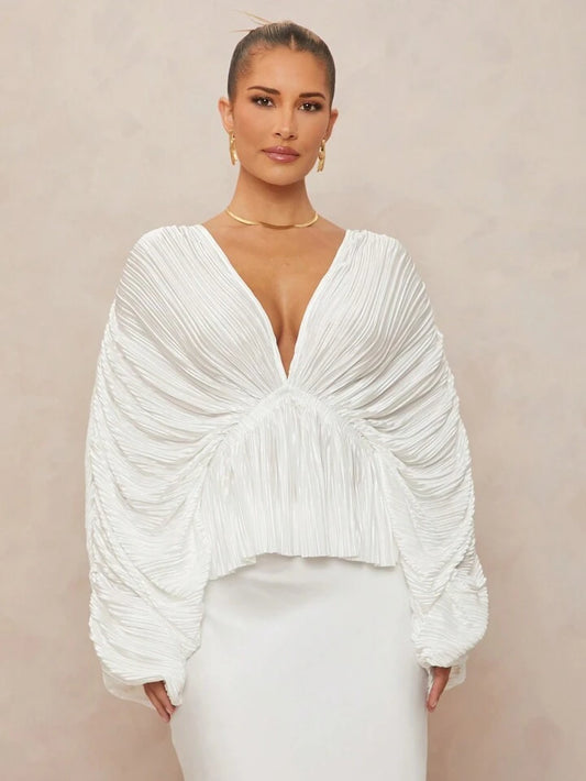 CM-TS219651 Women Elegant Seoul Style Deep V-Neck Long Sleeve Loose Fit Ruffled Hem Oversized Blouse - White