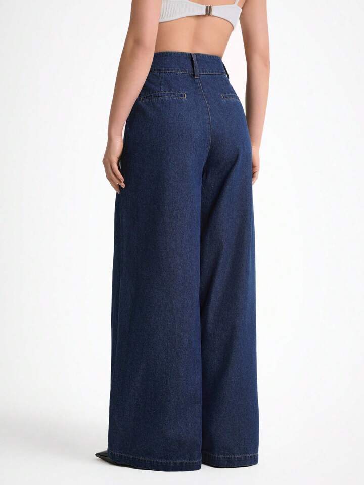 CM-BS622223 Women Casual Seoul Style Dark Wash High Waisted Baggy Wide Leg Jeans