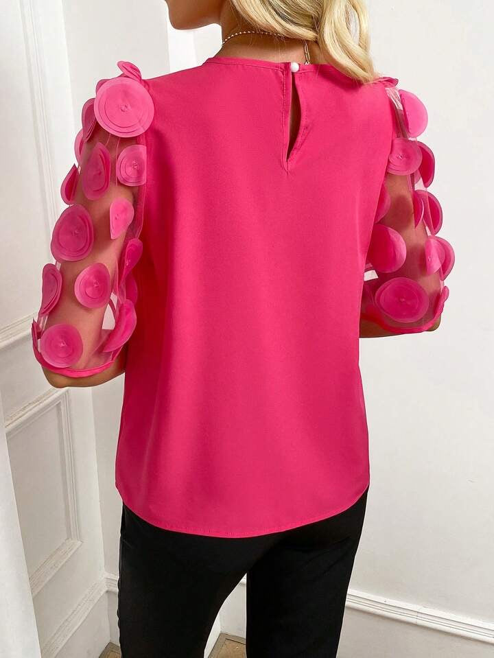 CM-TS263420 Women Casual Seoul Style Round Neck Contrast Mesh Sleeve Blouse - Hot Pink