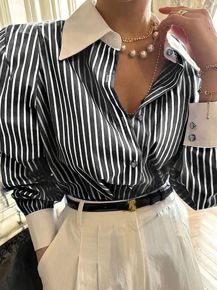 CM-TS686288 Women Casual Seoul Style Striped Button-Up Shirt Collar Long Sleeve Blouse - Black