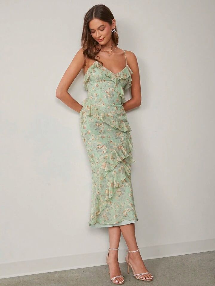 CM-DS882497 Women Elegant Seoul Style Floral Print Ruffle Trim Spaghetti Strap Sleeveless Long Dress - Green