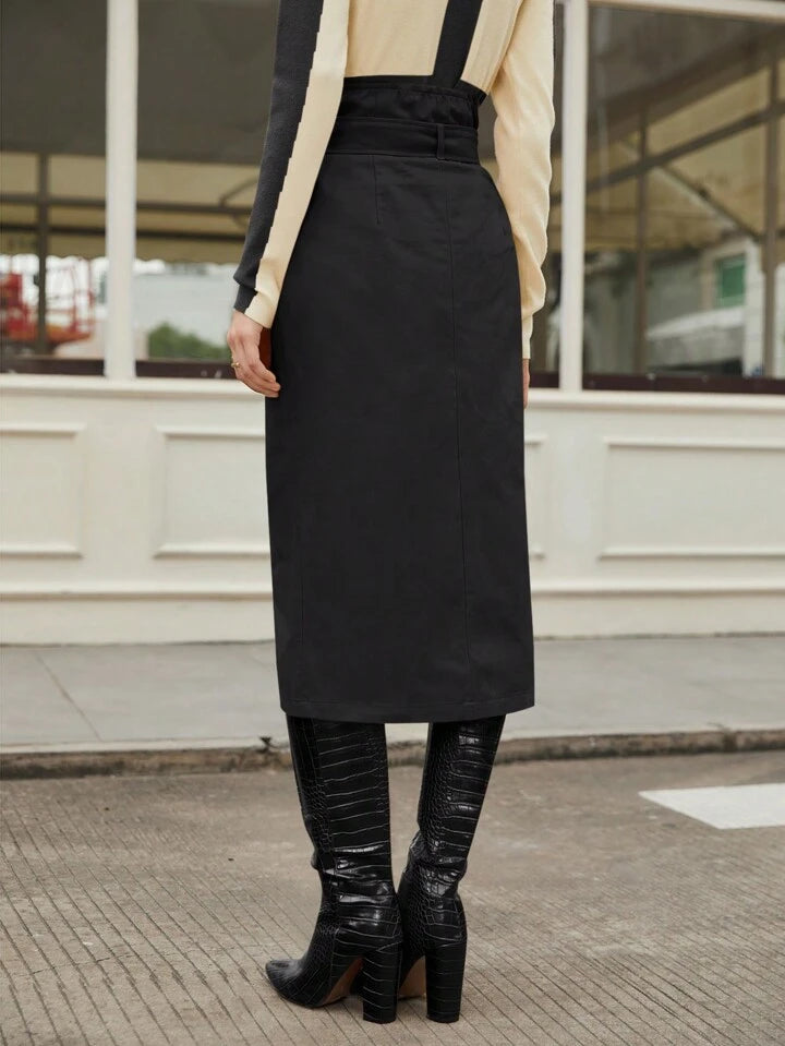 CM-BS022752 Women Casual Seoul Style Flap Pocket Button Front Belted Skirt - Black