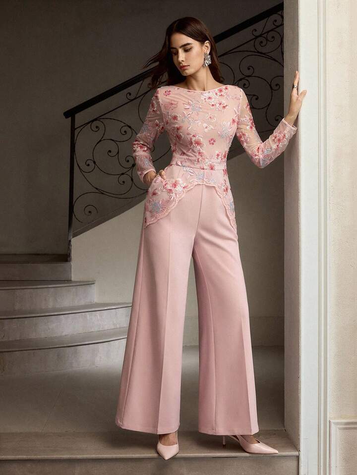 CM-JS811501 Women Elegant Seoul Style Floral Embroidery Mesh Patchwork Sequin Loose Wide Leg Jumpsuit