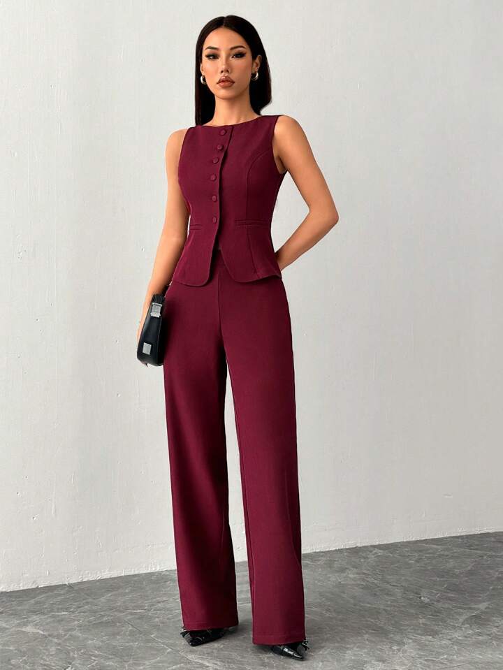 CM-SS055036 Women Elegant Seoul Style Solid Color Round Neck Single-Breasted Vest With Pants Suit - Burgundy