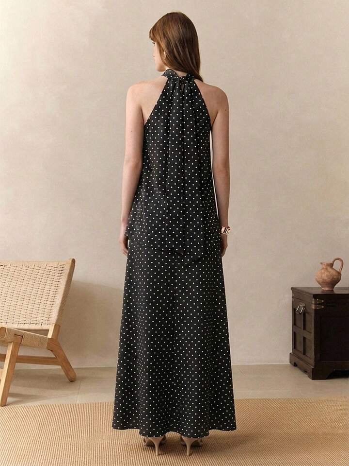 CM-BS501944 Women Trendy Bohemian Style Chiffon Polka Dot Print Sleeveless Halter Neck Top With Skirt - Set