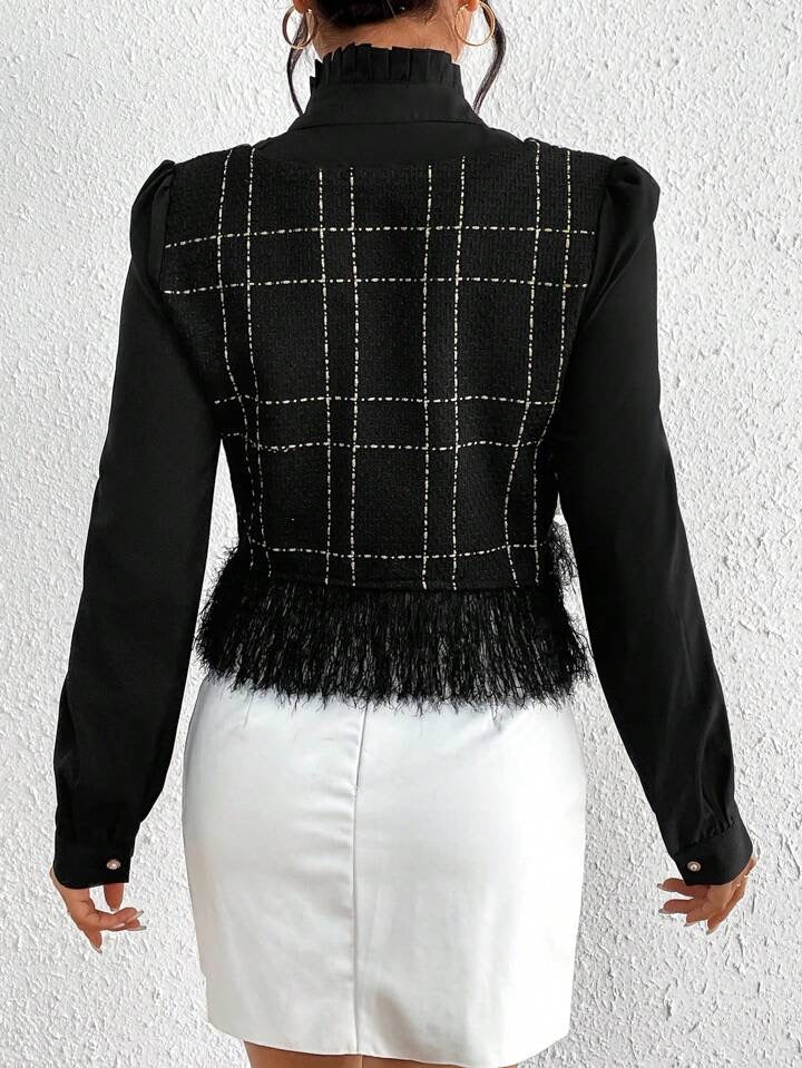 CM-TS967572 Women Elegant Seoul Style Plaid Pattern Fringe Hem Button 2 In 1 Blouse - Black