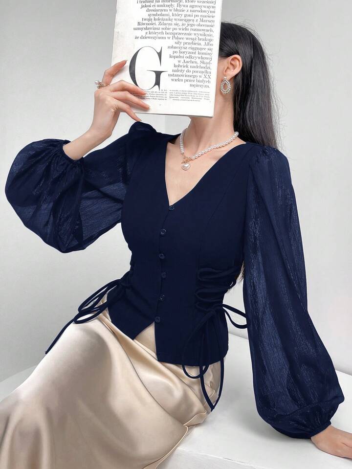 CM-TS858875 Women Elegant Seoul Style Sheer V-Neck Puff Lantern Sleeves Lace-Up Detail Blouse - Navy Blue