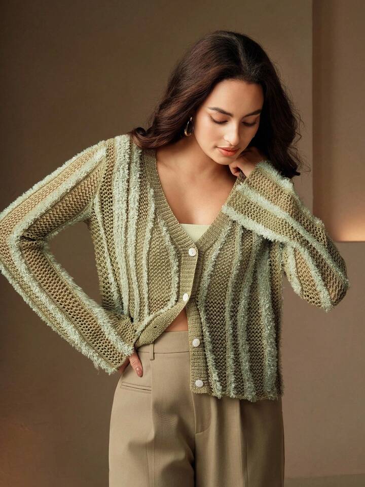 CM-CS844479 Women Casual Seoul Style V-Neck Long Sleeve Single-Breasted Striped Hollow Out Knitted Cardigan