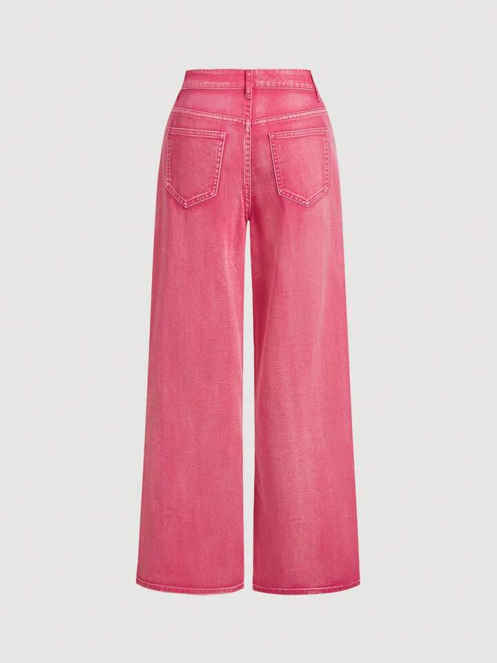 CM-BS133339 Women Casual Seoul Style Bow Design Extra Long  Straight Leg Jeans - Pink
