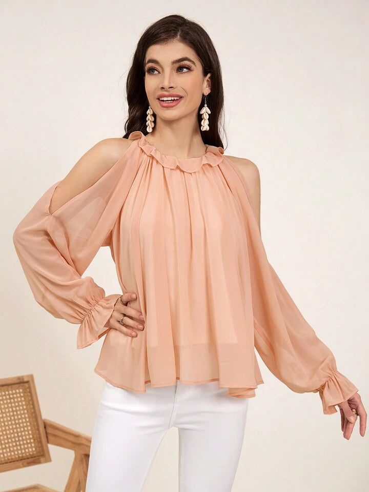 CM-TS099777 Women Casual Seoul Style Hollow Out Shoulder Flare Sleeve Blouse - Orange