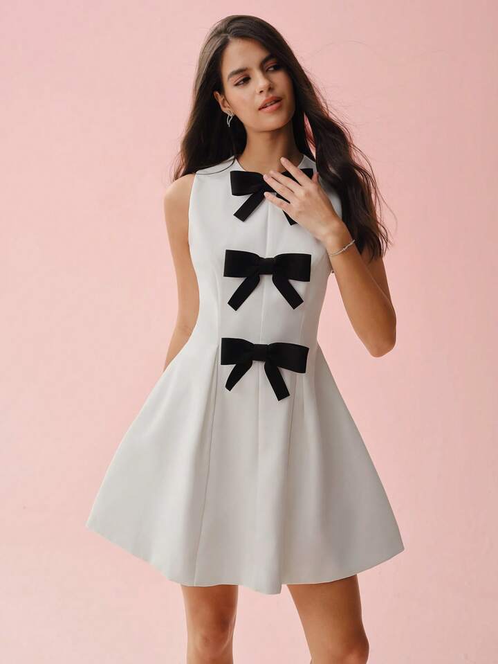 CM-DS583588 Women Elegant Seoul Style Round Neck Bow Decor Waist Cinched Sleeveless Mini Dress - White