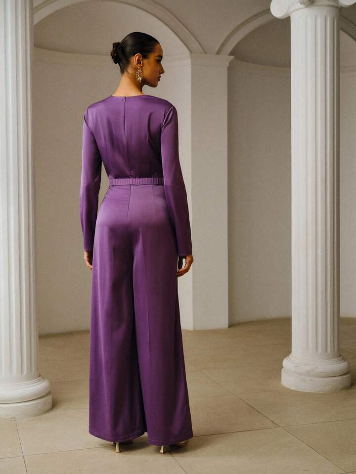 CM-JS525172 Women Elegant Seoul Style V-Neck Long Sleeve Satin Jumpsuit With Detachable Belt - Purple