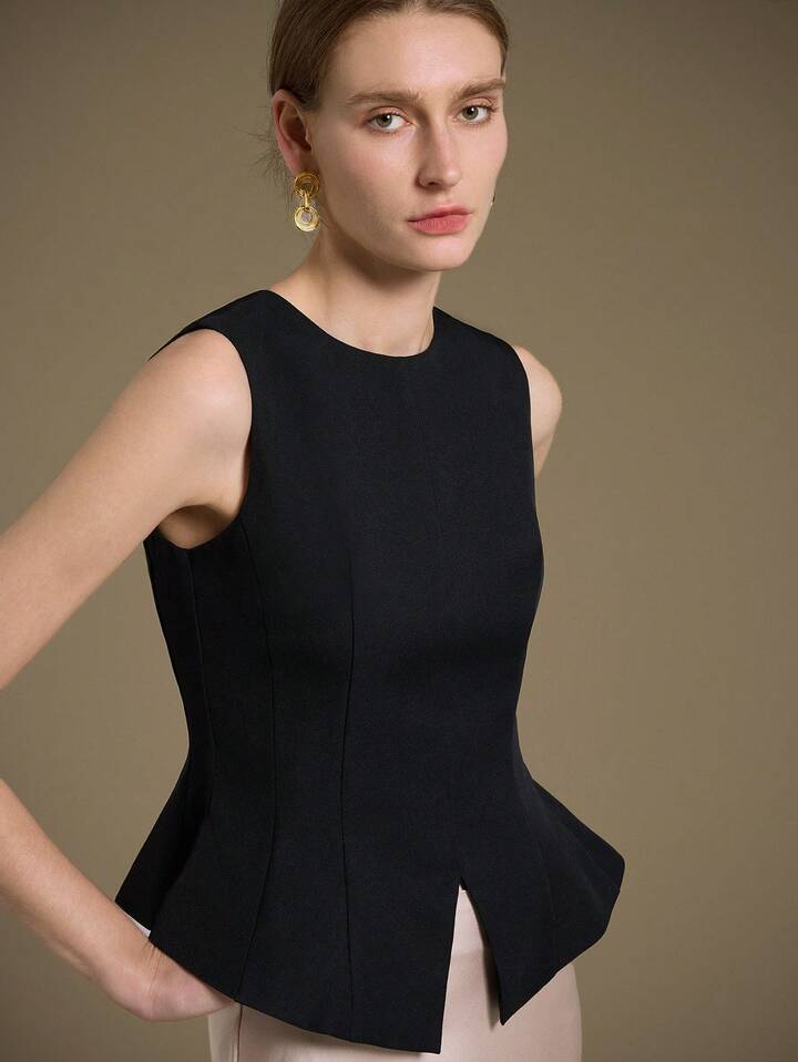 CM-TS119121 Women Elegant Seoul Style Round Neck Sleeveless Ruffle Hem Design Top - Black